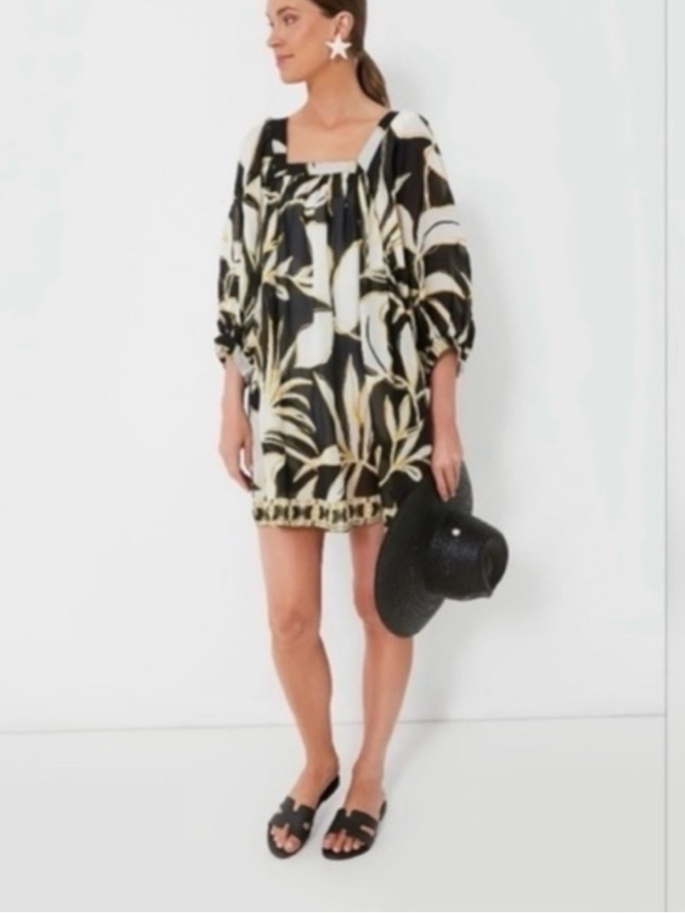 NWOT Tuckernuck Mod Iris Coverup Balloon Sleeve Mini Dress Black/Gold/white Sz S